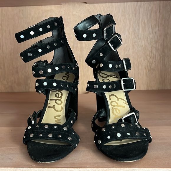 Sam Edelman Black Buckle Heels w/ Silver Studs and Zip-up Back - Picture 2 of 9